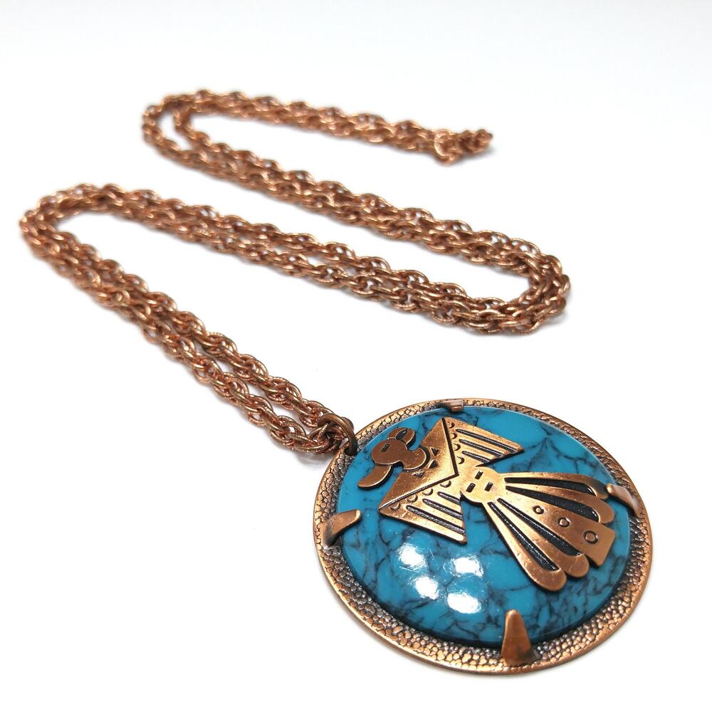 Copper by Bell Thunderbird Necklace, Faux Turquoise, 1970s Vintage Jewelry